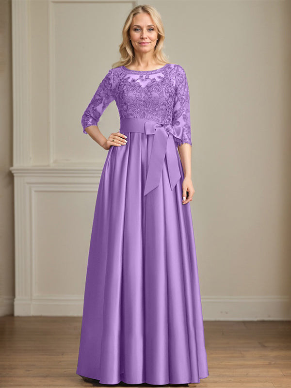 Vestido de madre de la novia de satén con encaje, corte A, escote ilusión, largo hasta el suelo, con lazo de lentejuelas