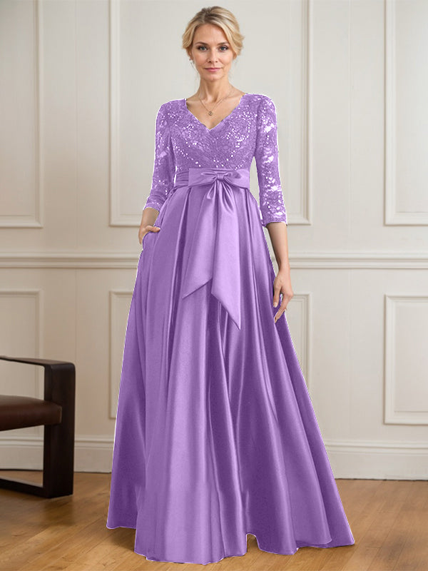 A-Linie V-Ausschnitt Bodenlanges Satin-Spitzenkleid für die Brautmutter mit Paillettenschleife 