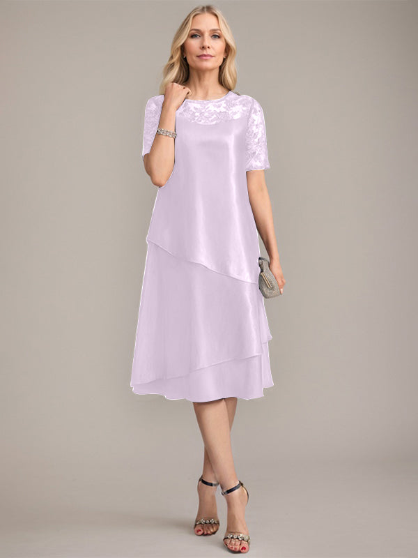 Vestido de madre de la novia con corte en A, escote redondo y largo hasta la rodilla, con apliques y lentejuelas