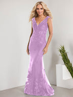 Vestido de novia de gasa con encaje, escote en V y largo hasta el suelo, con apliques de lentejuelas, estilo sirena