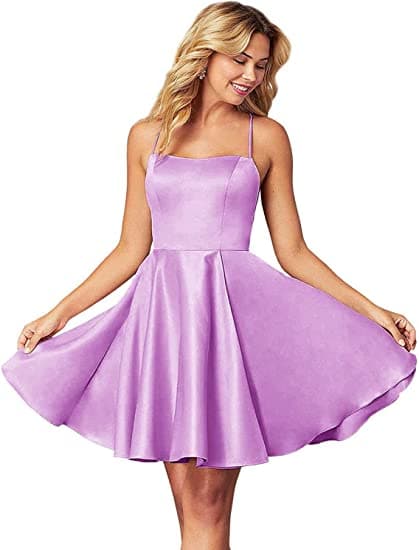 Spaghettiträger Homecoming Kleid Kurz Satin Puffy Cocktail SYH1