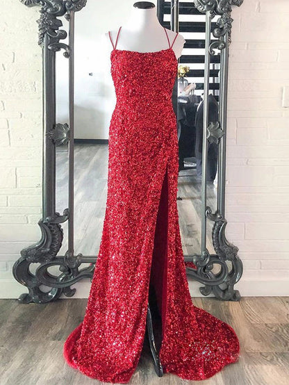 Alayna | Vestido de fiesta largo de lentejuelas con tirantes finos y corte sirena