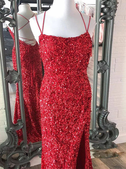 Alayna | Vestido de fiesta largo de lentejuelas con tirantes finos y corte sirena
