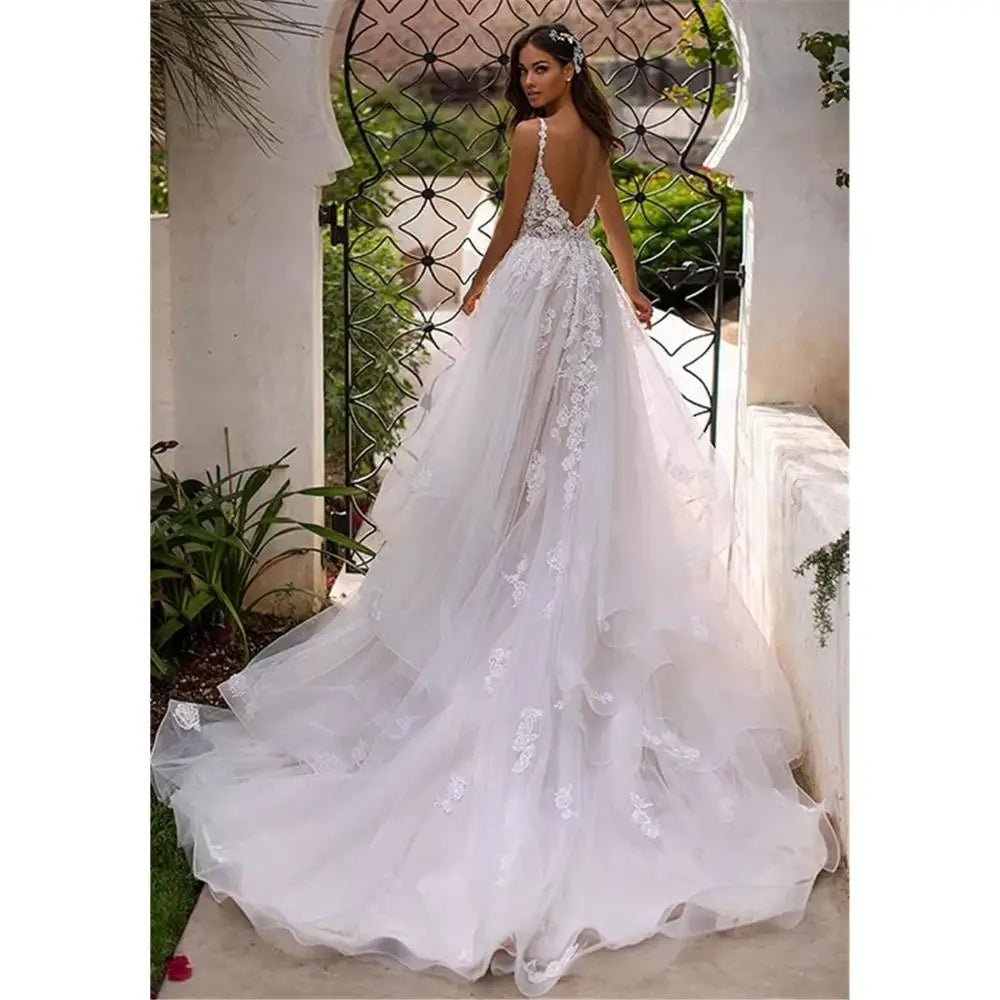 Long Boho A-Line Backless Wedding Dress 3D Flowers Spaghetti Straps Bride Dresses Princess Floor Length Wedding Gowns-payinti