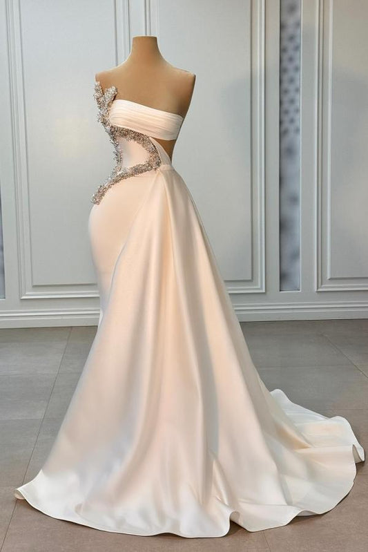 Long Ivory Mermmaid Strapless Beading Satin Sleeveless Prom Dress