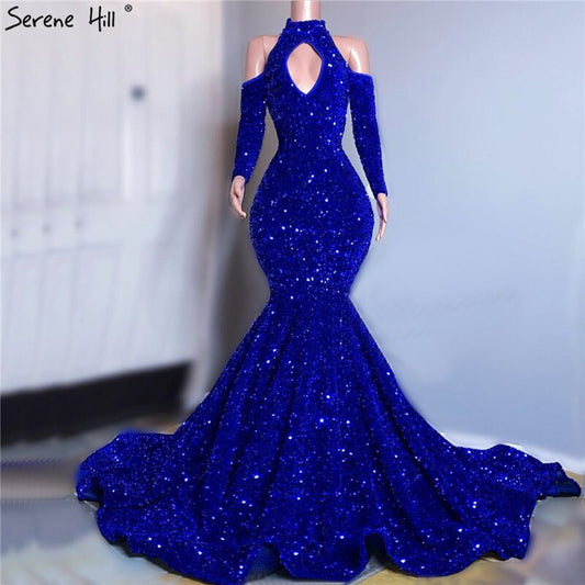 Langes königsblaues Abendkleid mit glitzernden Pailletten und sexy Top, afrikanisches Mädchen, Meerjungfrau-Abschlussballkleider 2025, Neuankömmling LA70453 
