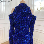 Vestido de fiesta largo azul rey con lentejuelas brillantes y top sexy estilo sirena africana, recién llegado en 2025, LA70453