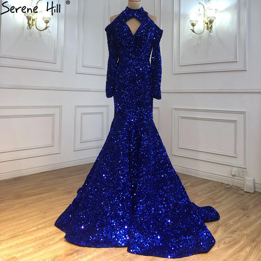 Langes königsblaues Abendkleid mit glitzernden Pailletten und sexy Top, afrikanisches Mädchen, Meerjungfrau-Abschlussballkleider 2025, Neuankömmling LA70453 