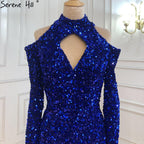 Vestido de fiesta largo azul rey con lentejuelas brillantes y top sexy estilo sirena africana, recién llegado en 2025, LA70453