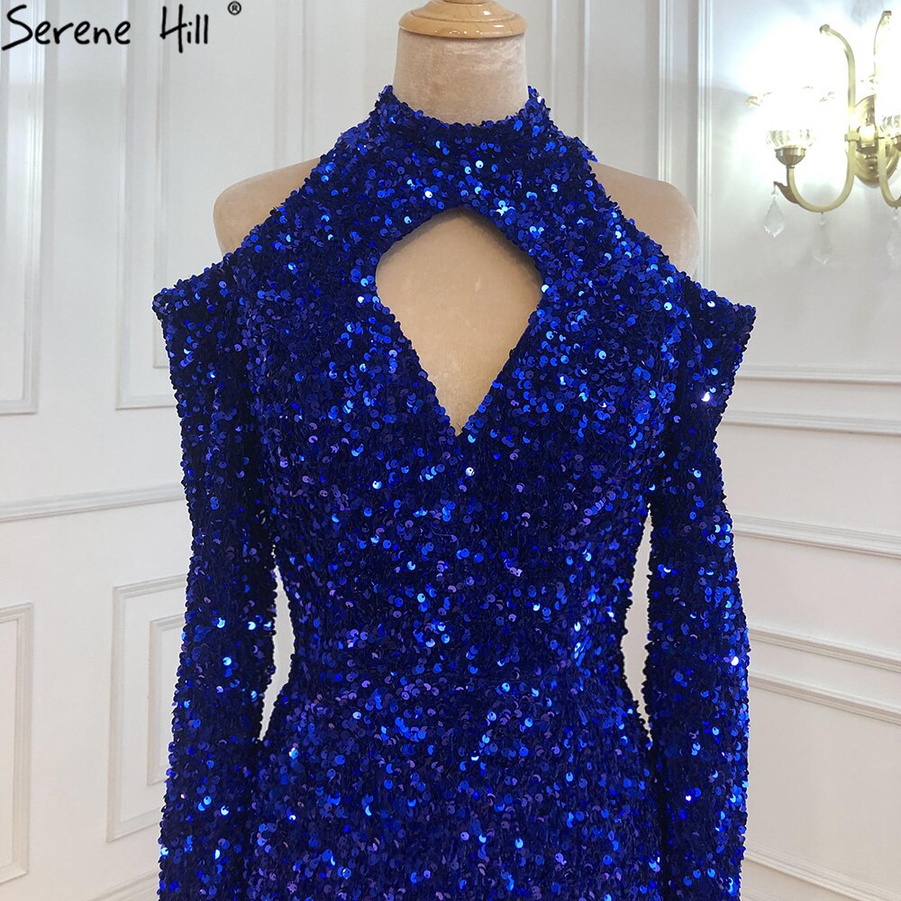 Vestido de fiesta largo azul rey con lentejuelas brillantes y top sexy estilo sirena africana, recién llegado en 2025, LA70453