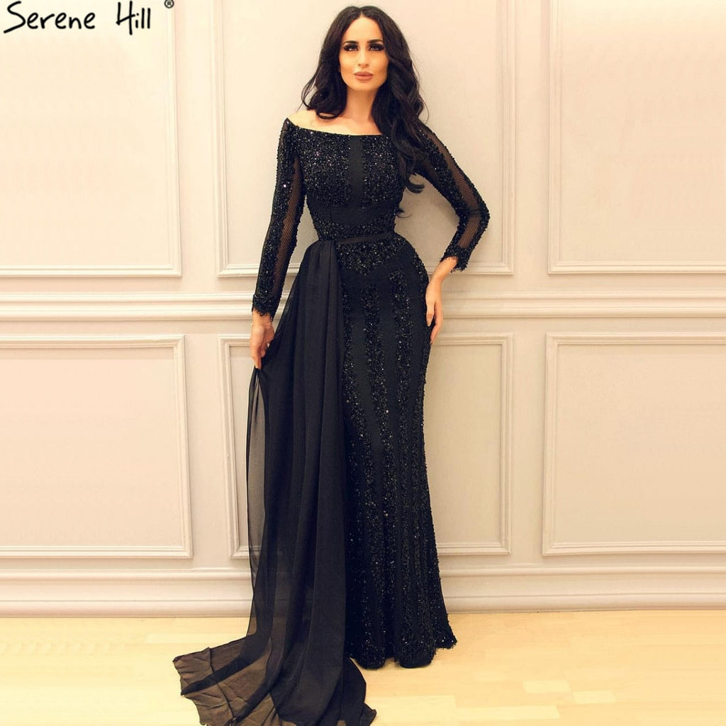 Vestido de noche de tul con mangas largas y corte sirena negro, con lentejuelas y cuentas. Foto real 2025 LA6009 