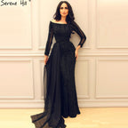 Vestido de noche de tul con mangas largas y corte sirena negro, con lentejuelas y cuentas. Foto real 2025 LA6009 