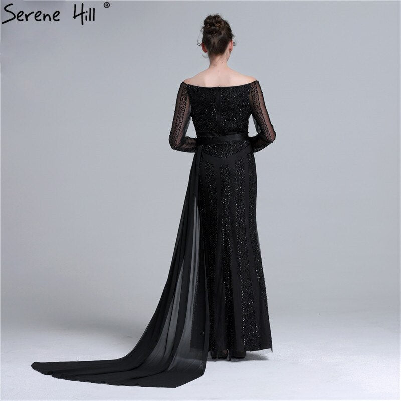 Vestido de noche de tul con mangas largas y corte sirena negro, con lentejuelas y cuentas. Foto real 2025 LA6009 