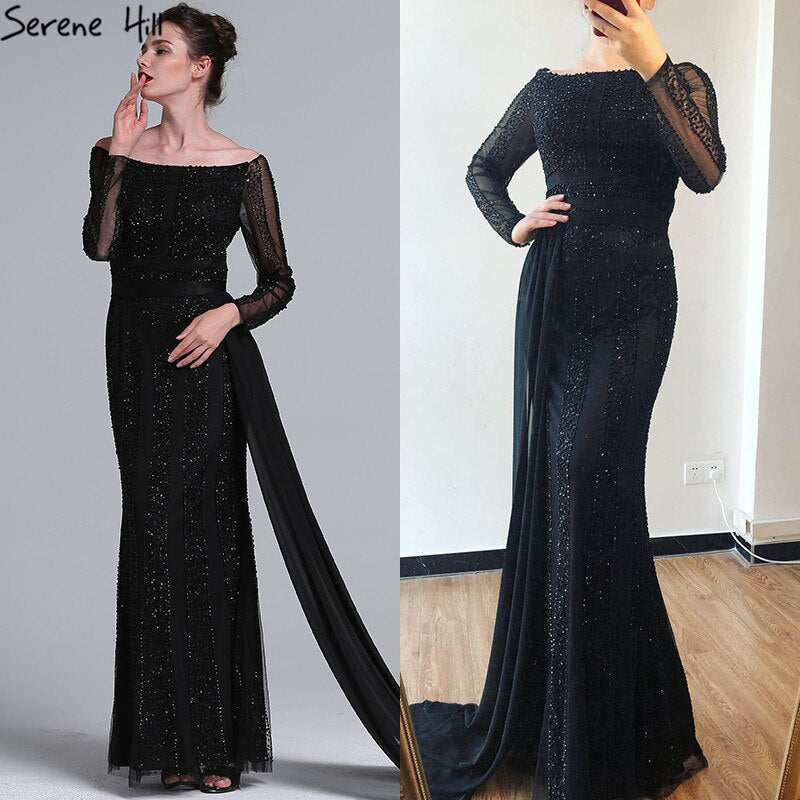 Vestido de noche de tul con mangas largas y corte sirena negro, con lentejuelas y cuentas. Foto real 2025 LA6009 
