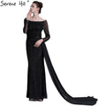 Vestido de noche de tul con mangas largas y corte sirena negro, con lentejuelas y cuentas. Foto real 2025 LA6009 