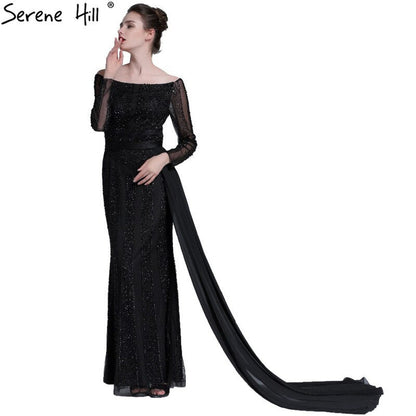 Langarm Schwarz Meerjungfrau Tüll Abendkleider Perlen Pailletten Formale Kleid Real Photo 2025 LA6009 