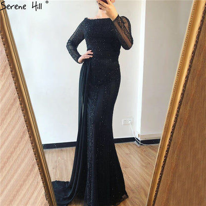 Langarm Schwarz Meerjungfrau Tüll Abendkleider Perlen Pailletten Formale Kleid Real Photo 2025 LA6009 