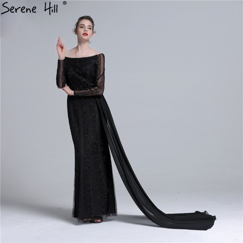 Vestido de noche de tul con mangas largas y corte sirena negro, con lentejuelas y cuentas. Foto real 2025 LA6009 