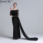 Vestido de noche de tul con mangas largas y corte sirena negro, con lentejuelas y cuentas. Foto real 2025 LA6009 