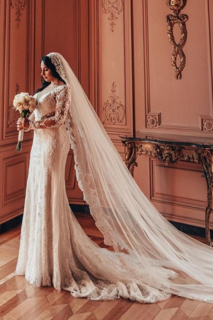 Long Sleeve V-Neck Lace A-Line Stain Wedding Dresses with Ruffles