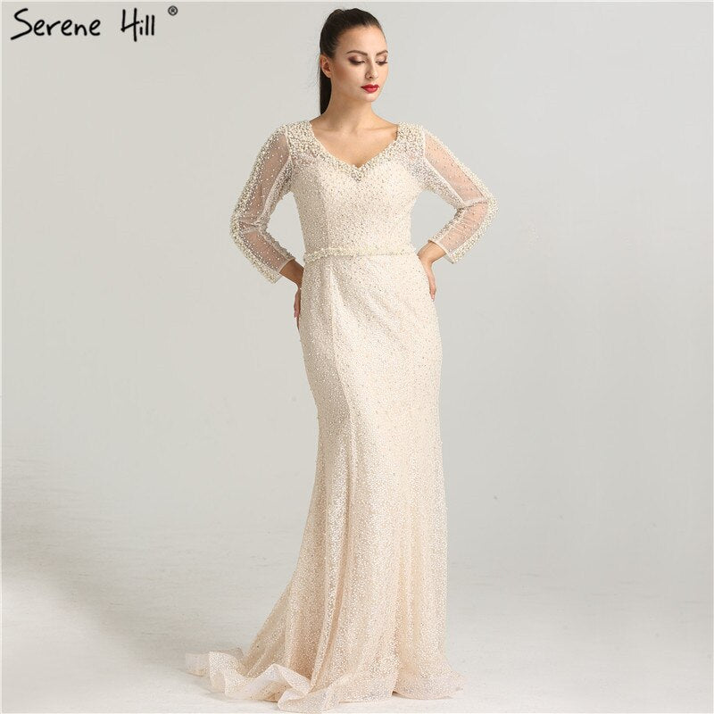 En oferta, sin devolución ni reembolso, vestido de noche de sirena con perlas color vino tinto y manga larga, vestido de noche de lujo de moda 2025, foto real, Dubái LA6428