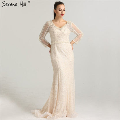 En oferta, sin devolución ni reembolso, vestido de noche de sirena con perlas color vino tinto y manga larga, vestido de noche de lujo de moda 2025, foto real, Dubái LA6428