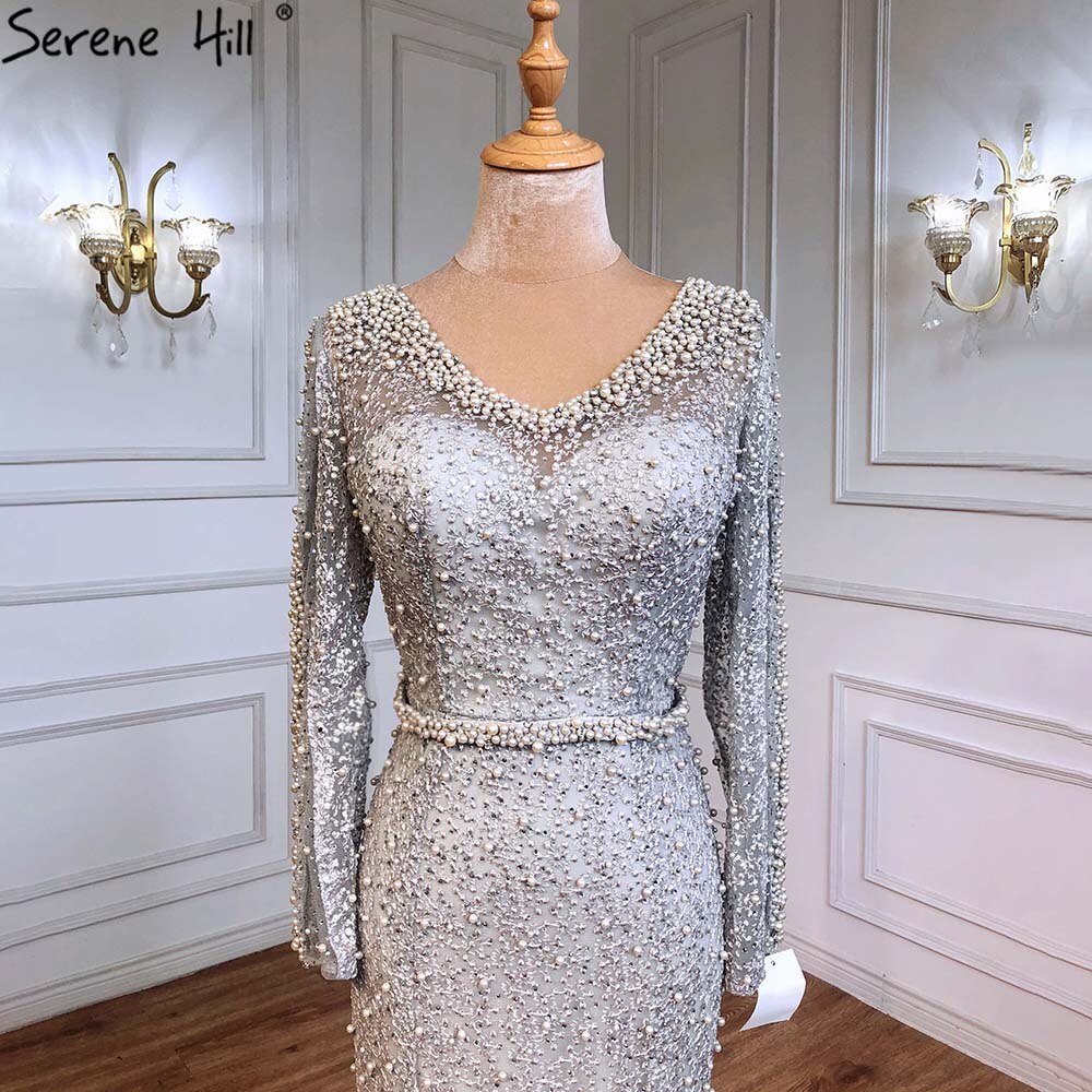 En oferta, sin devolución ni reembolso, vestido de noche de sirena con perlas color vino tinto y manga larga, vestido de noche de lujo de moda 2025, foto real, Dubái LA6428