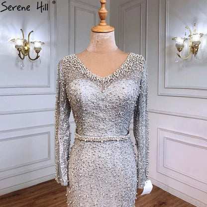 En oferta, sin devolución ni reembolso, vestido de noche de sirena con perlas color vino tinto y manga larga, vestido de noche de lujo de moda 2025, foto real, Dubái LA6428