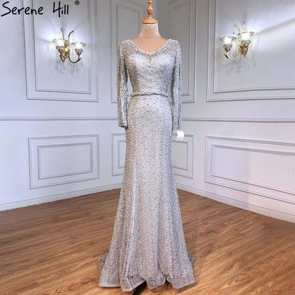 En oferta, sin devolución ni reembolso, vestido de noche de sirena con perlas color vino tinto y manga larga, vestido de noche de lujo de moda 2025, foto real, Dubái LA6428