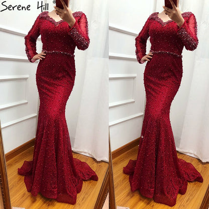 En oferta, sin devolución ni reembolso, vestido de noche de sirena con perlas color vino tinto y manga larga, vestido de noche de lujo de moda 2025, foto real, Dubái LA6428