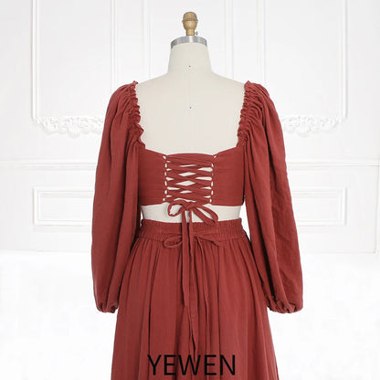 Long Sleeves Adjust Back Woman Cotton Maxi Dress Photoshoot Dresses Outfit Sunnderly SY231113