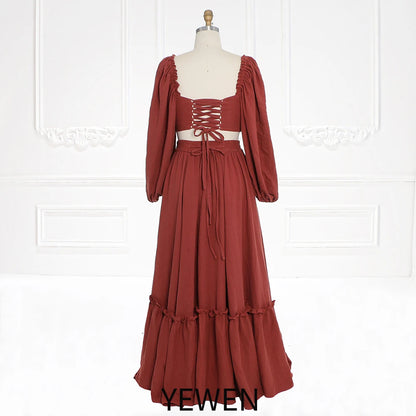 Long Sleeves Adjust Back Woman Cotton Maxi Dress Photoshoot Dresses Outfit Sunnderly SY231113