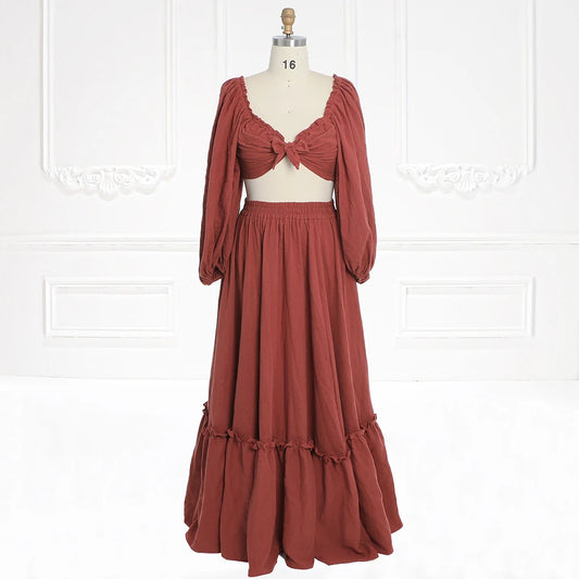 Long Sleeves Adjust Back Woman Cotton Maxi Dress Photoshoot Dresses Outfit Sunnderly SY231113