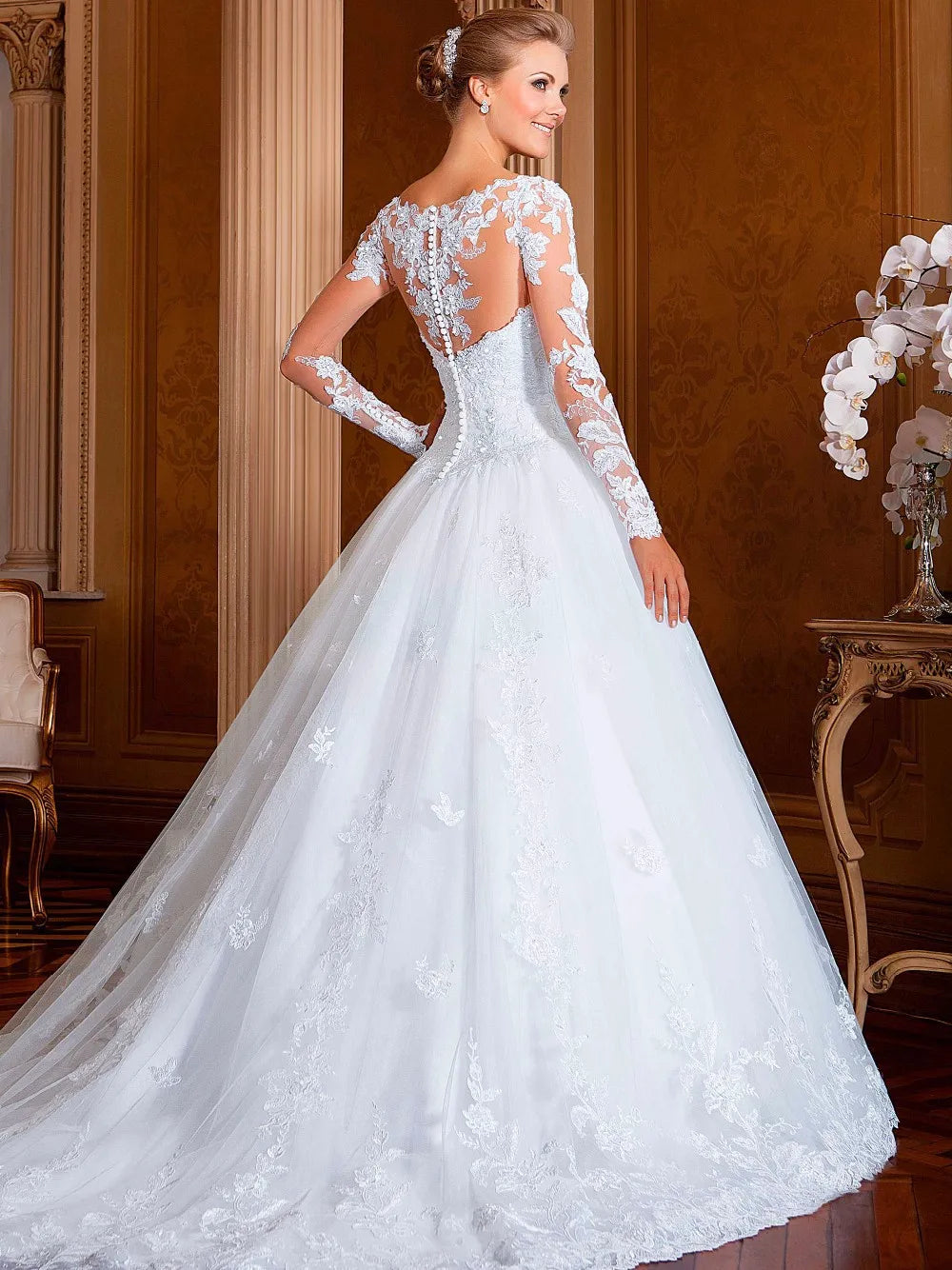 Long Sleeves Appliques Vestido De Noiva V-Waist Wedding Dresses Becautiful Sweetheart Vestidos De Novia Lace Robe De Mariée-payinti