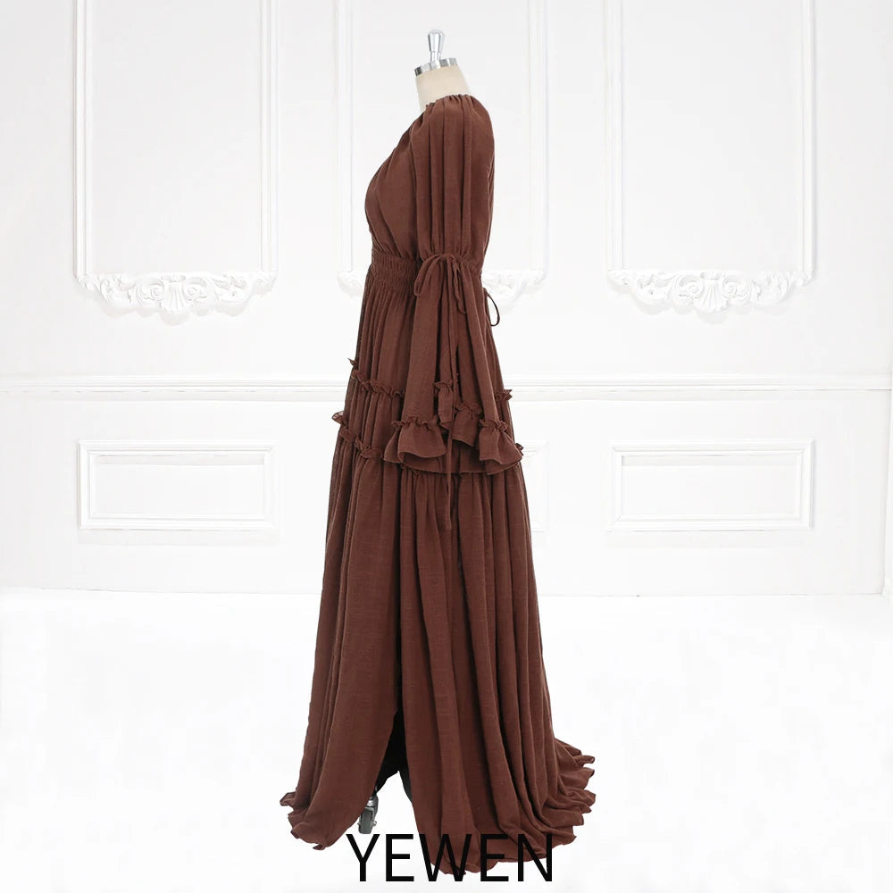 Langärmliges Maxikleid aus Baumwolle für Damen, seitlicher Schlitz, für Fotoshootings, Umstandskleid für Fotoshootings, YEWEN SY231092 