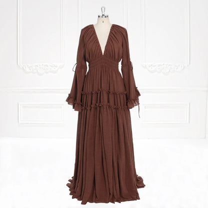 Langärmliges Maxikleid aus Baumwolle für Damen, seitlicher Schlitz, für Fotoshootings, Umstandskleid für Fotoshootings, YEWEN SY231092 