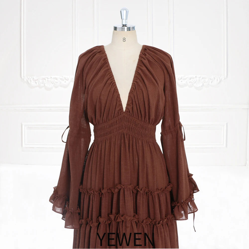 Langärmliges Maxikleid aus Baumwolle für Damen, seitlicher Schlitz, für Fotoshootings, Umstandskleid für Fotoshootings, YEWEN SY231092 