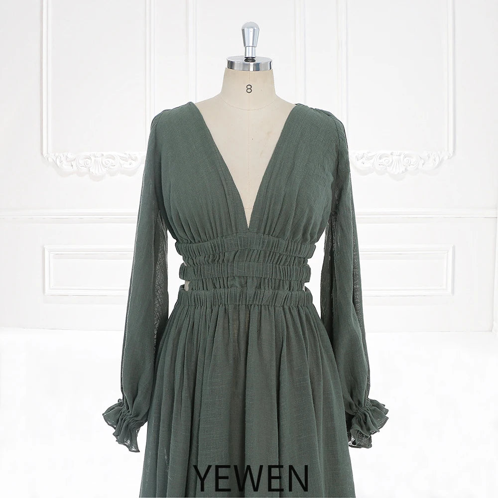 Long Sleeves Elastic Waist Boho Beach Dress Side Slit Woman Photo Shoot Dresses SY221118-1