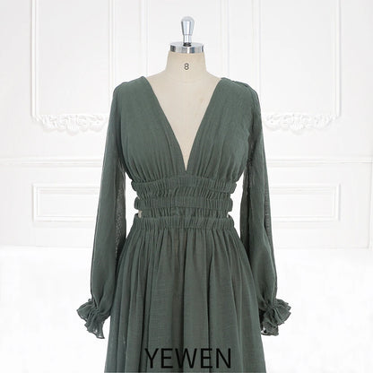 Long Sleeves Elastic Waist Boho Beach Dress Side Slit Woman Photo Shoot Dresses SY221118-1