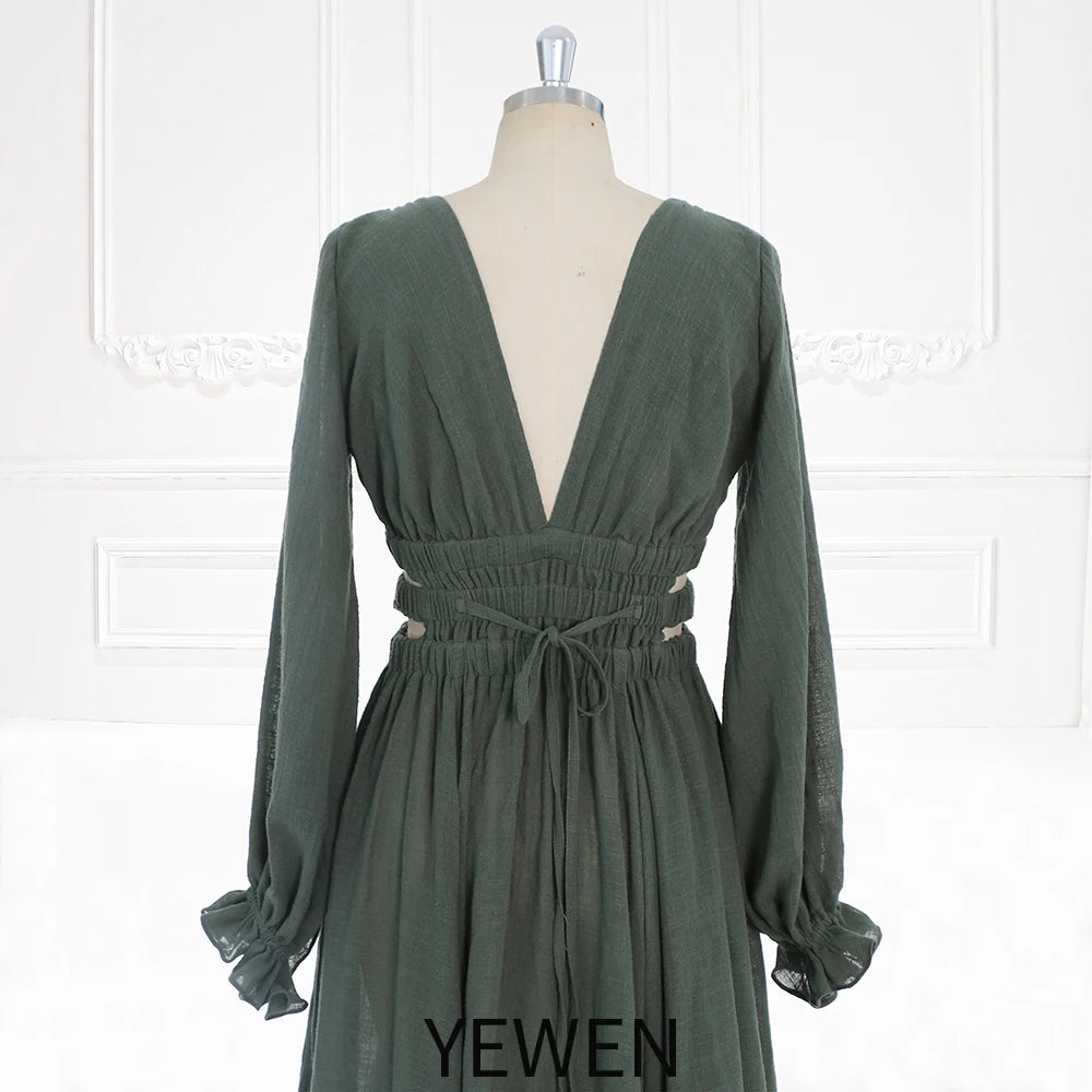 Long Sleeves Elastic Waist Boho Beach Dress Side Slit Woman Photo Shoot Dresses SY221118-1