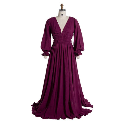 Long Sleeves Elastic Waist Boho Beach Dress Side Slit Woman Photo Shoot Dresses SY221118-1