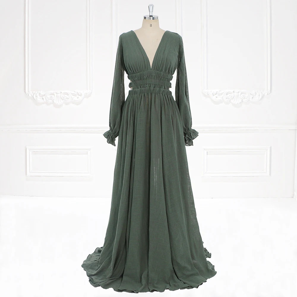 Long Sleeves Elastic Waist Boho Beach Dress Side Slit Woman Photo Shoot Dresses SY221118-1