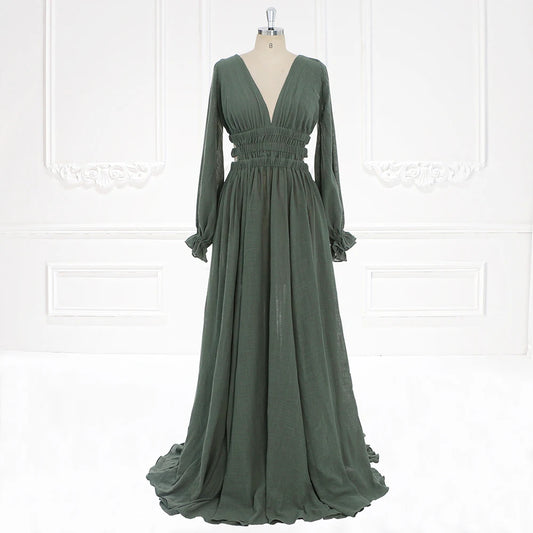 Long Sleeves Elastic Waist Boho Beach Dress Side Slit Woman Photo Shoot Dresses SY221118-1