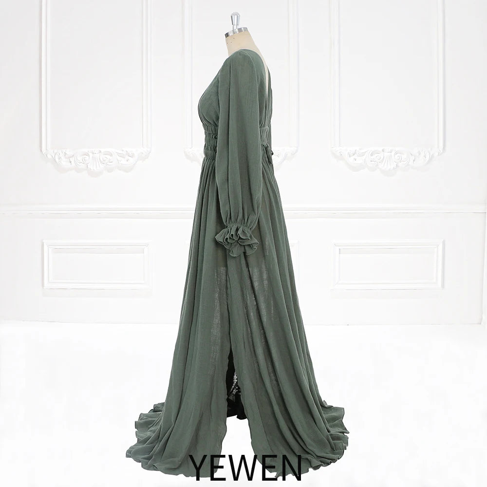 Long Sleeves Elastic Waist Boho Beach Dress Side Slit Woman Photo Shoot Dresses SY221118-1