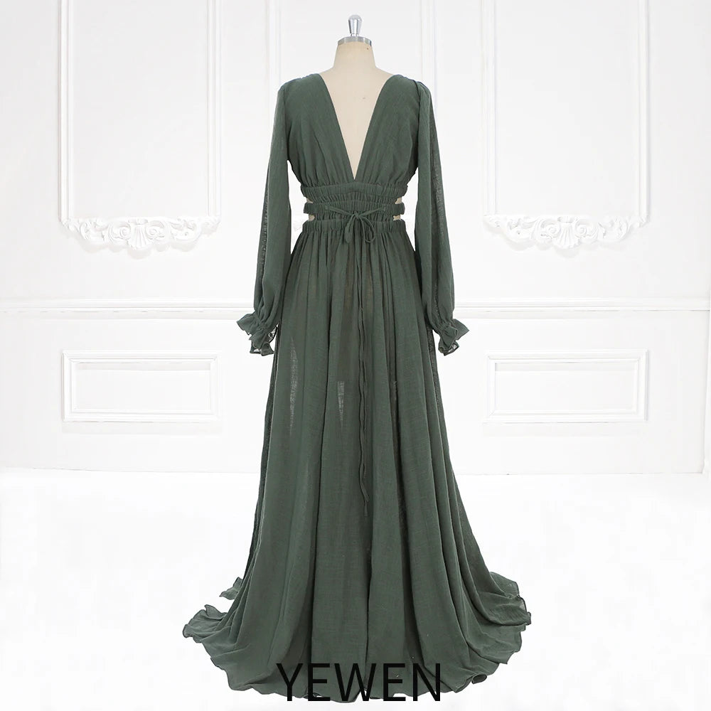 Long Sleeves Elastic Waist Boho Beach Dress Side Slit Woman Photo Shoot Dresses SY221118-1