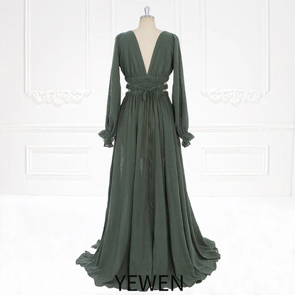 Long Sleeves Elastic Waist Boho Beach Dress Side Slit Woman Photo Shoot Dresses SY221118-1