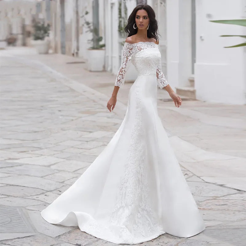 Long Sleeves Lace Wedding Dress For Women Brides Sexy Boat Neck Mermaid Appliques Bridal Gown Custom Made-payinti