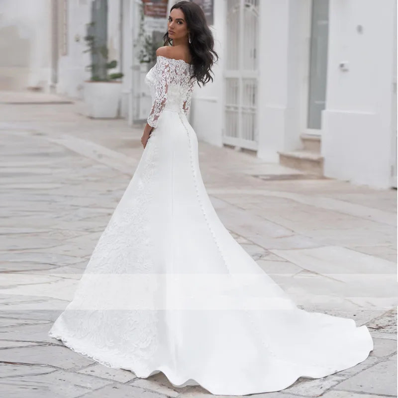 Long Sleeves Lace Wedding Dress For Women Brides Sexy Boat Neck Mermaid Appliques Bridal Gown Custom Made-payinti