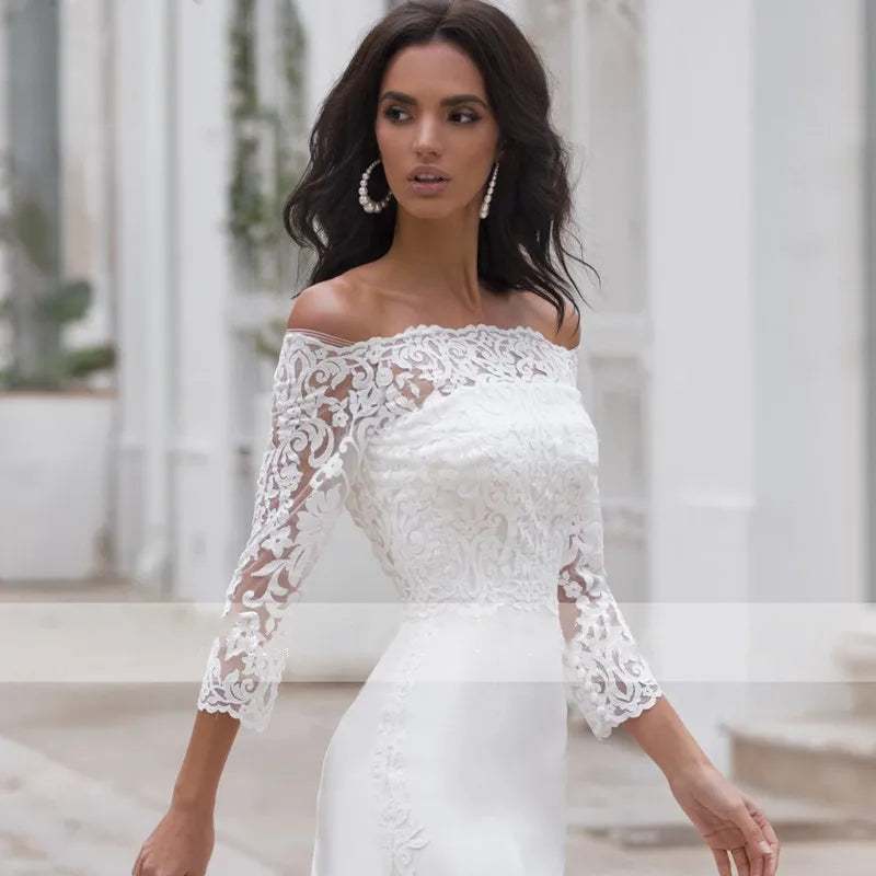 Long Sleeves Lace Wedding Dress For Women Brides Sexy Boat Neck Mermaid Appliques Bridal Gown Custom Made-payinti