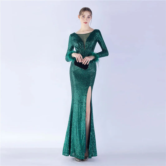 Long Sleeves Mermaid Sequined Evening Dress With Feathers Side Split Floor Length Elastic Wedding Party Formal Gowns For Women-payinti